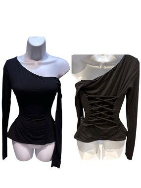 Ta3 | Shapey Long Sleeve One Shoulder Top Black | Small New with Tag
